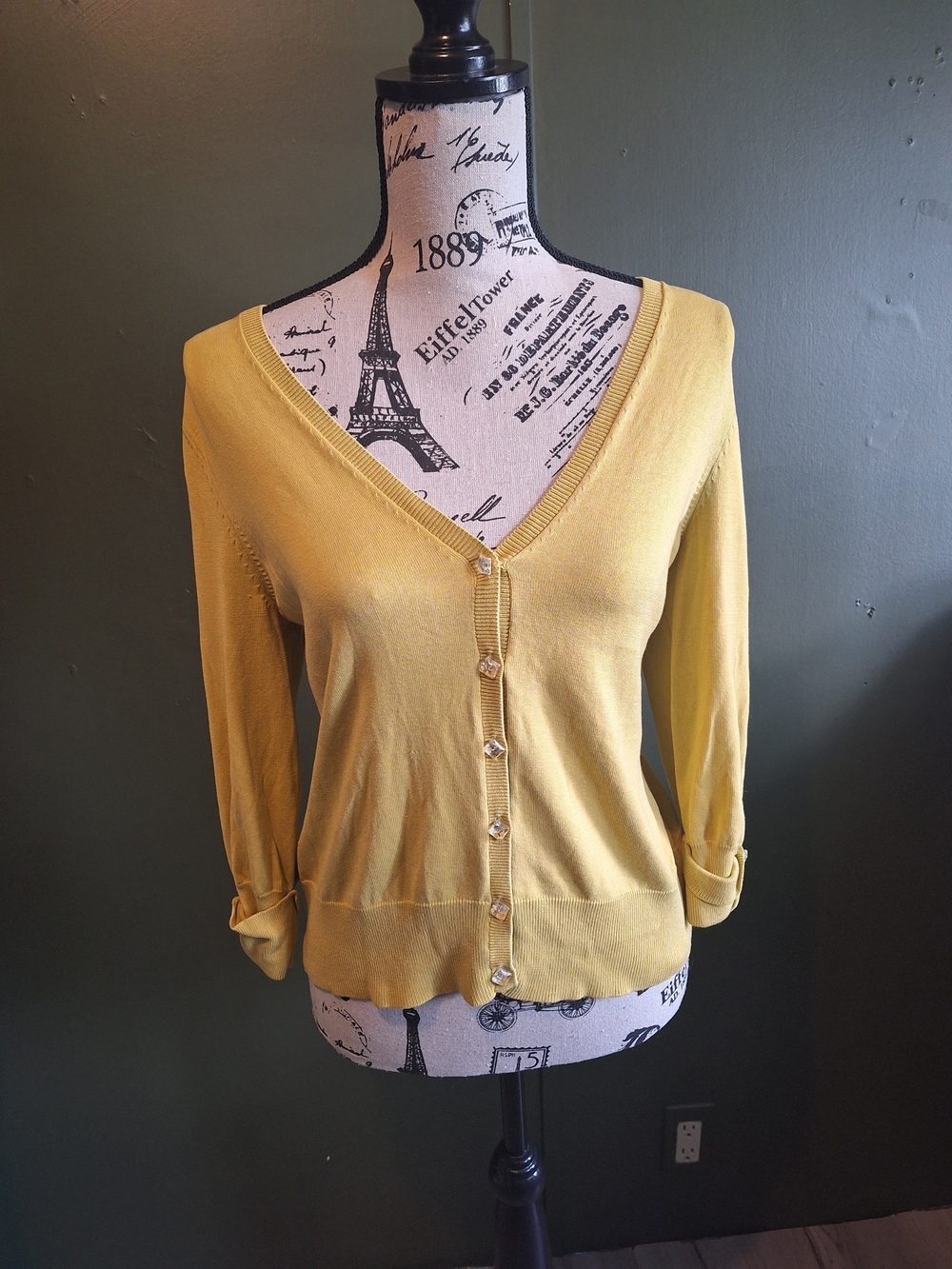 New York & Company Yellow V-Neck Button Front Cardigan